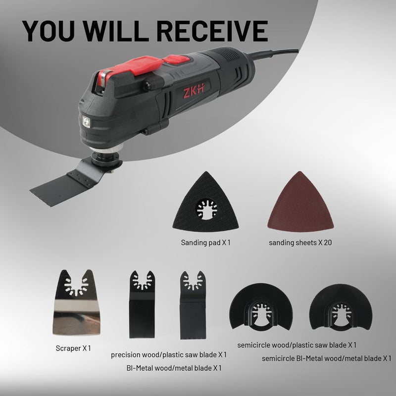 ZKH Store Oscillating Tool, 3.2 Amp Oscillating Saw, 3.5° Oscillation Angle, 10,000 to 22,000 OPM Oscillating Multi Tool with Tool-Free Blade Change, 26PS Accessories,10 ft Cord, Tool Bag for Sanding - Image 5